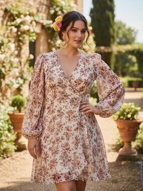 City Chic Plus Size XL 22 Red Floral V-Neck Long Sleeve Chiffon Dress